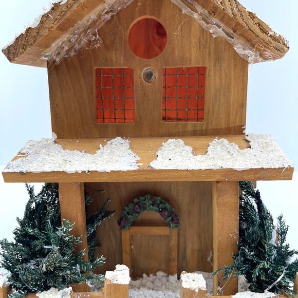 Frosty Wooden Village House Christmas Lamp with Red Lighting Winter Decor - Picture 5 of 13